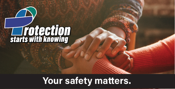 Photograph of one pair of hands holding another pair of hands on a comforting, supportive way. Logo for the 2026 Pa Courts domestic violence awareness campaign says "Protection starts with knowing." Caption at the bottom of the graphic says "Your safety matters."