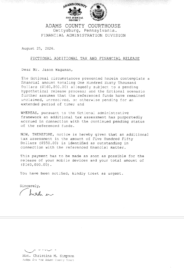 Scanned version of a scam letter claiming to come from Adams County courts. The public is reminded that the Adams County Courts, its judges or any Pennsylvania Court will never place calls or send letters and text messages soliciting payment by credit card, gift card, or any other means of electronic funds transfer for any reason.