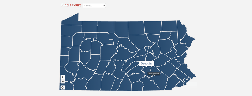 Map of Pennsylvania with a boarder around each county. The Courts of Common Pleas are the general trial courts of Pennsylvania. Major civil and criminal cases are heard in these courts.