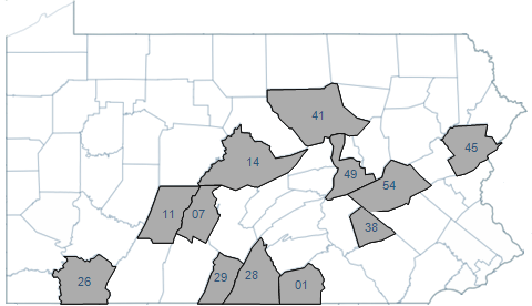 Map of Pennsylvania that highlights counties in Roundtable 5/6.